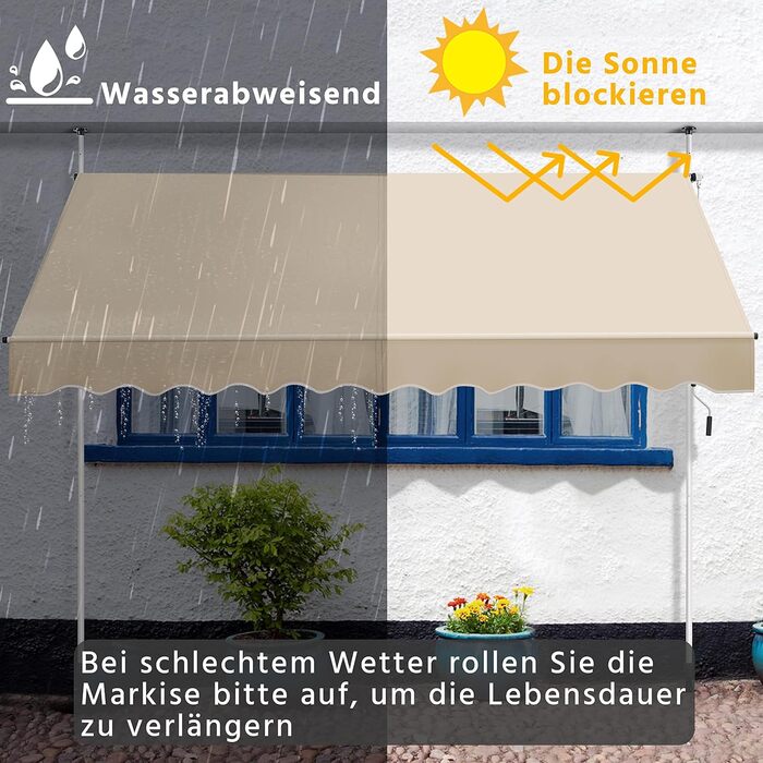 Тент Yaheetech із затискачем, шириною 300 см, для балкону, з ручним приводом, захистом від сонця без свердління, регульованою висотою та каркасом, бежевий, бежевий, 300 см