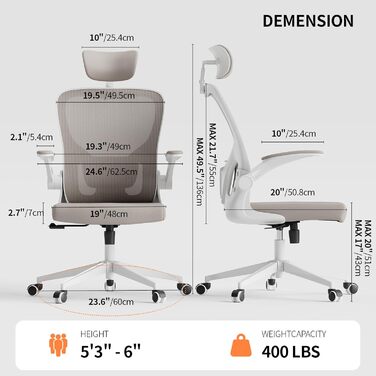 Ергономічне офісне крісло Monhey, висока спинка, сітчаста тканина, комп&39ютерне крісло з відкидними підлокітниками, регульованою поперековою опорою та підголівником, обертове крісло для дому та офісу 01beige
