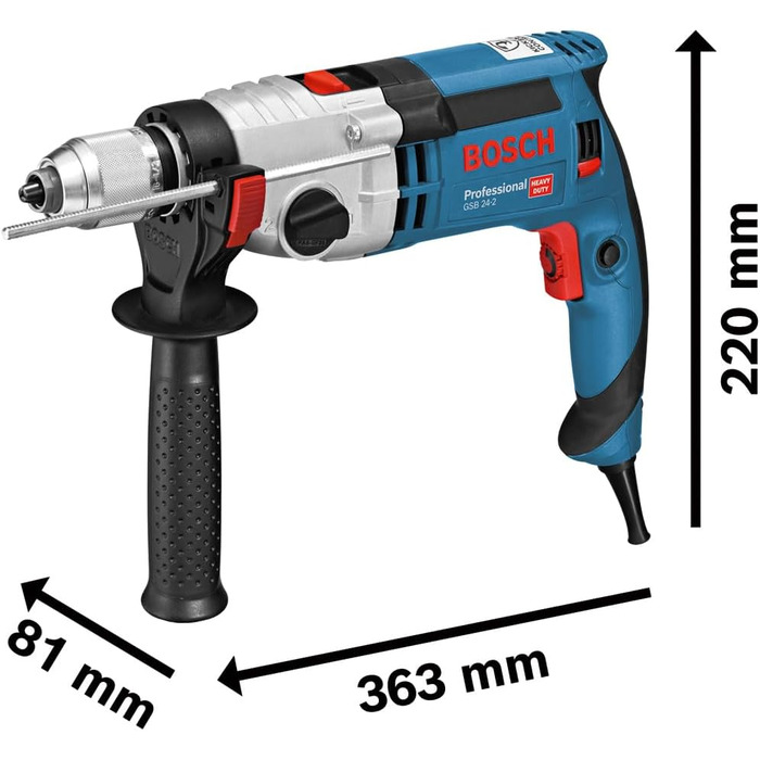 Ударний дриль Bosch Professional GSB 24-2 (потужність 1100 Вт, макс. крутний момент 40/14,5 Нм, вкл. швидкозатискний патрон, додат