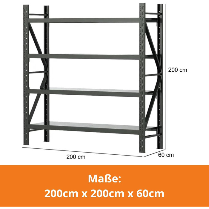 Надміцний стелаж/Стелаж для шин 200x60x200 см Вантажопідйомність 300 кг на полицю Металевий стелаж для зберігання Стелаж для підвалу/гаража 4 знімні полиці, чорний