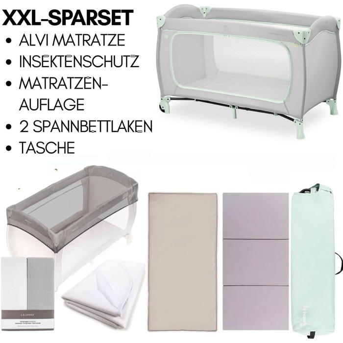 Комплект дитячого ліжечка Hauck Sleep N Play Go Plus XXL вкл. матрац, простирадло на резинці, сітку від комах та водонепроникну підкладку складне дитяче ліжечко кольору Dusty Mint