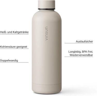 Пляшка для води Vinsun з нержавіючої сталі, бежева, 500 мл - герметична, підходить для газованих напоїв, без BPA - з подвійною стінкою, ізольована - термопляшка для спорту, активного відпочинку, школи, університету, спортзалу, кемпінгу, 500 мл бежевого ко