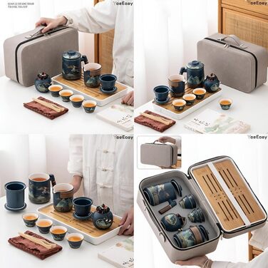Порцеляновий набір для чайної церемонії Гунфу, 13 предметів, дорожній, портативний та практичний набір для чаювання для дорослих, у сірому шкіряному чохлі - ідеально підходить для поціновувачів чайної культури та проведення чайних церемоній