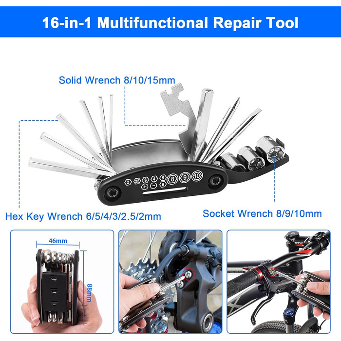 Набір для ремонту велосипеда, 38 шт. Набір інструментів Ninonly для ремонту велосипеда з багатофункціональним інструментом 16-в-1, велосипедним насосом і аварійним набором для велосипеда, необхідні для кемпінгу на гірських і шосейних велосипедах