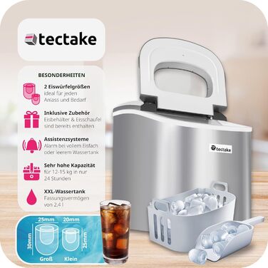 Машина для виробництва кубиків льоду tectake, 12-15 кг за 24 години, льодогенератор, 9 кубиків льоду за 5-13 хвилин, льодогенератор з резервуаром для води на 2,4 літра, льодогенератор, включаючи совок для льоду та відро для льоду, 2 розміри кубиків - сріб