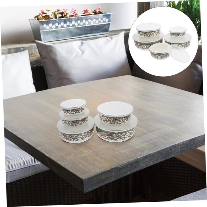 Набір емальованих мисок Amosfun з 5 предметів, багатоцільові миски з кришками для локшини швидкого приготування, салату, супу, мисок для змішування, мисок для зберігання продуктів з гладкою поверхнею для домашнього використання, 18,60 x 18,60 x 7,50 см