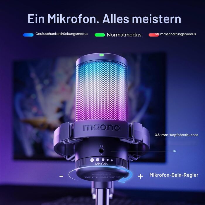 Ігровий USB-мікрофон MAONO DGM20S з пантографом конденсаторний мікрофон з шумозаглушенням, регуляторами Mute, Gain та моніторингом, поп-фільтром для стрімінгу, подкастів, Twitch, YouTube, Discord, PC, PS5, Mac, чорний