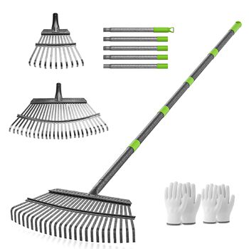 Садовий віяловий граблі Rechen Garten, 2511 зубців, металевий, з регульованою ручкою (70-185 см), для важкого листя, граблі для листя, трави та ґрунту, у комплекті з 2 парами рукавичок