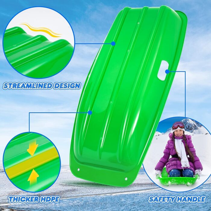 Санки Popolic 2 шт. и бобслей дорослі та дитячі, пластикові санки 86 см з мотузкою, санки пластикові для снігу, піску та трави чер