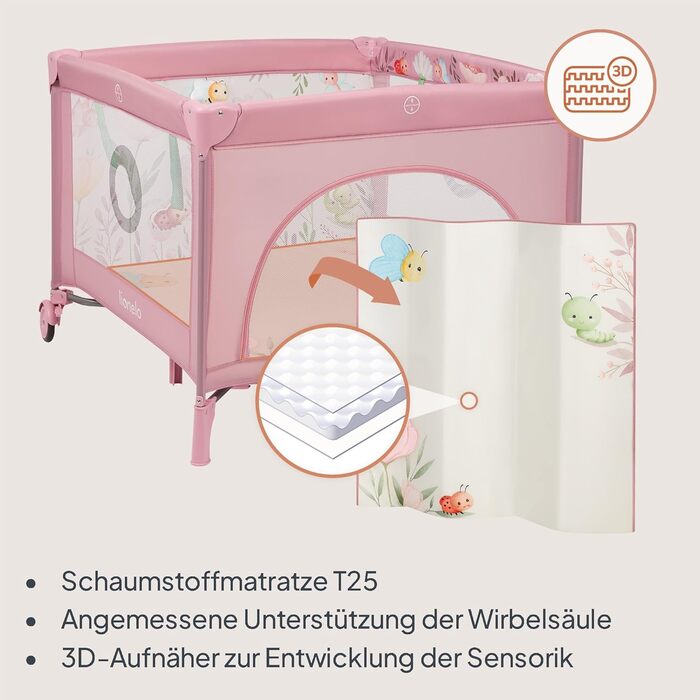 Дитячий манеж та дорожнє ліжечко LIONELO Mille Plus 2-в-1 100x100 см з матрацом та 3D-чохлом для немовлят, вагою до 15 кг (0-36 місяців), бічний вхід на блискавці, 2 колеса з гальмами, складний, сумка для перенесення рожевого кольору
