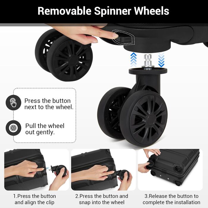 Компактний ручний багаж KONO з від'ємними колесами, 40x30x20 см (без коліс). Легкий борт-валіза з ABSPC для Ryanair, EasyJet & Eurowings (Чорний) 40x30x20 см - Ryanair Чорний