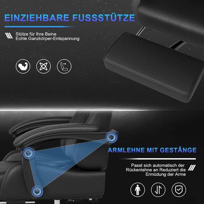 Ігрове крісло JUMMICO з масажем, ергономічне офісне крісло з масажною поперековою подушкою, ігрове крісло з регульованою спинкою 90-135 та підставкою для ніг, ігрове крісло з вантажопідйомністю 150 кг, чорне, маленьке