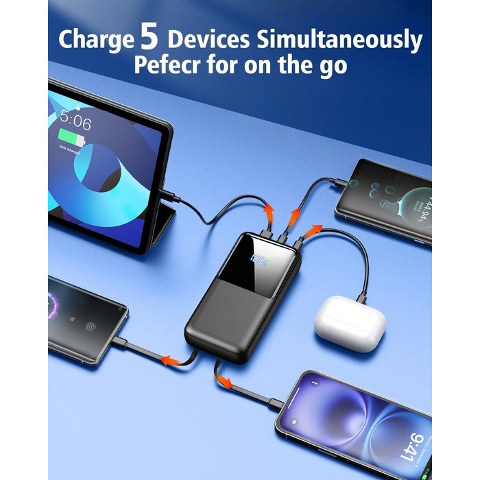 Портативний зарядний пристрій ємністю 40000 мАг, 22,5 Вт, з функцією швидкої зарядки PD через USB-C, 3 порти та 2 вбудовані кабелі, зовнішній акумулятор, сумісний з iPhone 17, 16, 15, 14, 13, Android та іншими пристроями, 40000 мАг, чорний