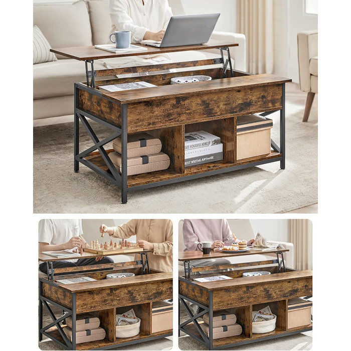 Журнальний столик VASAGLE, стіл для вітальні з регульованою висотою, журнальний столик, відкрите та приховане місце для зберігання, X-подібні стійки, 60 x 100 x (48-62) см, вінтажний коричнево-чорний LCT205B01 60 x 100 x (48-62) см Коричневий