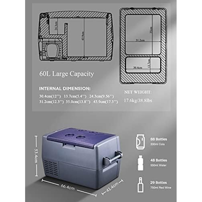 Компресорна холодильна камера, портативний холодильник 60 літрів, портативна холодильна камера 12В (від -20 до 10), знімні дверцят