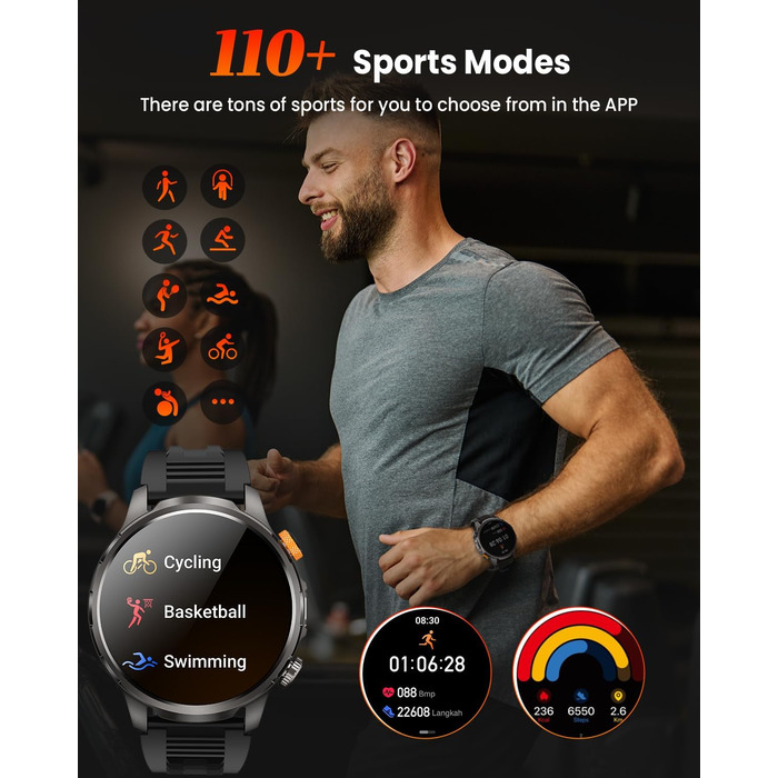 Чоловічий військовий смарт-годинник з акумулятором 1000 мАг, 1,91-дюймовим AMOLED-дисплеєм, світлодіодним ліхтариком/водонепроникним фітнес-годинником до 5 атм з функцією телефону, понад 110 спортивних режимів/пульсометром/монітором сну/SpO2, сумісним з i
