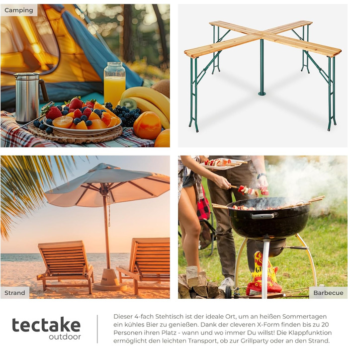 Стіл tectake Quattro як комплект пивного намету, дерев&39яний пивний стіл XXL, складаний, вуличний розкладний стіл з тримачем для парасольки, всепогодний садовий стіл, місце для 20 осіб, міцний та стійкий