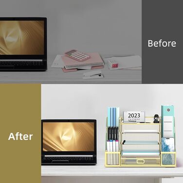 Настільний органайзер SUPEASY Grid з тримачем для файлів, 5-шаровий лоток для паперу та листів з тримачем для журналів, настільний органайзер та місце для зберігання з шухлядою, золотистий