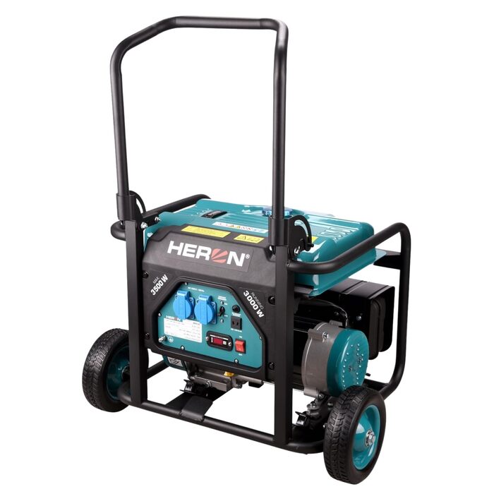 Бензиновий генератор Heron 3,5 кВт Генератор з баком 18 л та шасі Генератор з двома розетками 16A 230V та однією розеткою 12V/8,3A DC Мобільний генератор з системою AVR Без електричного стартера