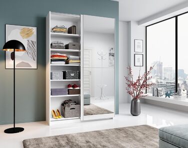 Елегантна шафа/гардеробна з дзеркальними дверима та великою кількістю місця для зберігання - Універсальна шафа з розсувними дверима білого кольору - 125 x 195 x 38 см (Ш/В/Г) Біла з дзеркалом, одинарна