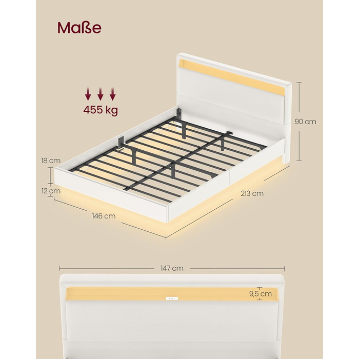 Каркас ліжка VASAGLE, каркас двоспального ліжка, 140 x 200 см, візуальний ефект плаваючого ліжка, ліжко зі світлодіодним освітленням, високе узголів&39я, зарядна станція, сучасний, хмарно-білий RMB864W01