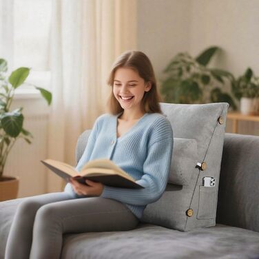 Подушка для читання GOZYLA клиноподібна 60x50x20 см трикутна бавовняна регульована подушка для шиї, поперекової опори, спинки, для домашнього офісу, ліжка, дивана, стіни, кемпера, фургона, любителів читання, сірого кольору 60x50x20 см