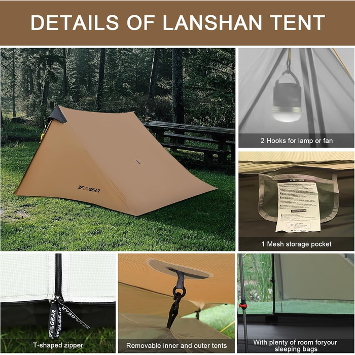 Або 2 особи, 3/4 сезону, водонепроникний професійний туристичний намет, 15D Professional Camping Tent 2 особи - хакі, 3F UL Gear Lanshan Ultralight Camping Tent, 1
