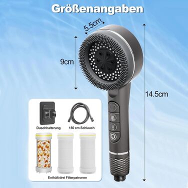 Душова лійка з шлангом та тримачем, ручна душова лійка високого тиску з фільтром від вапняного нальоту, водозберігаюча душова лійка зі стоп-функцією, душовий шланг з лійкою для підвищеного тиску води (сірий)