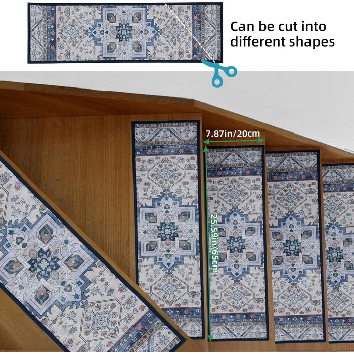 Килимки для сходів YISUN з принтом 65x20 см, знімні та миючі протиковзкі килимки, самоклеючі килимки для сходів, килимки для сходів в приміщенні, для кухні, спальні, дітей, людей похилого віку, собак, синього кольору
