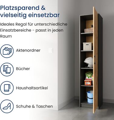 Ярусний стелаж Home Collective з матовим покриттям, шафа для документів з 4 полицями та 1 дверима, шириною 39 см, з високоякісними полімерними ручками, ідеально підходить для спальні, вітальні, коридору, офісу, графітовий дуб, 5-