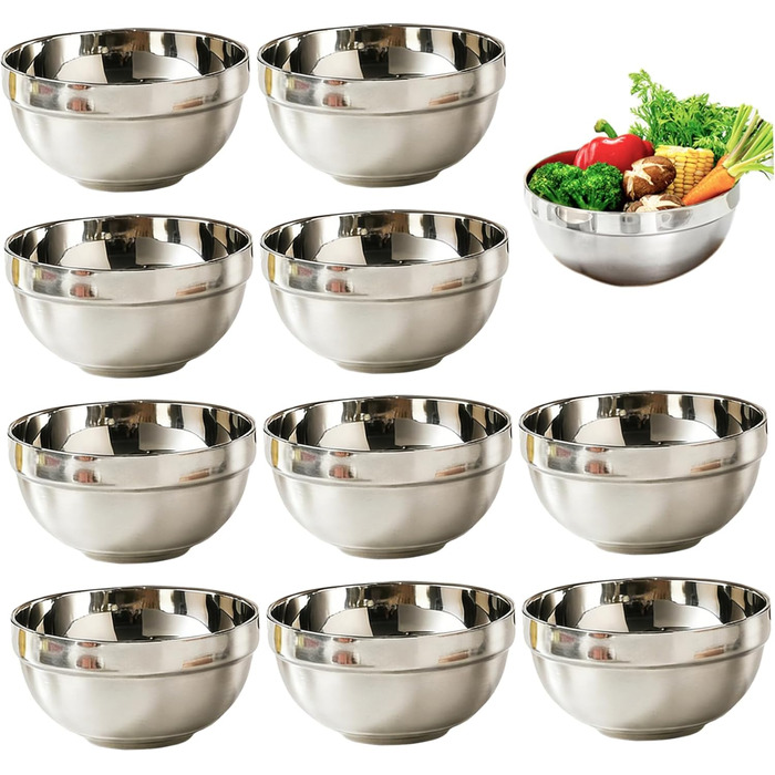 Мисок з нержавіючої сталі, двостінні ізольовані металеві миски, небиткі миски для рису, пластівців, морозива, гарячих та холодних страв, нержавіюча сталь для дітей, 10