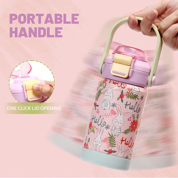 Дитяча ізольована пляшка для води з кришкою-трубочкою, 350 мл, вакуумний стаканчик з подвійною стінкою без бісфенолу А, 18/8 нержавіюча сталь, герметичний, дитячий, з трубочкою для школи, подорожей, хлопчиків, дівчаток (кролик)