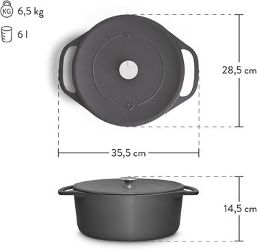Кокотниця з кришкою, сіра, кругла, 28 см, 6 л, чавунна жаровня, індукційна каструля. 28 см сіра
