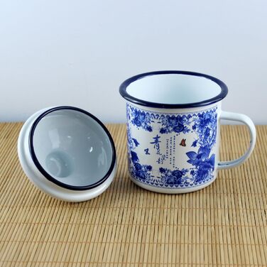 Емальована кружка 500 мл з кришкою та ручкою, синя вінтажна чайна кружка з товстої, безпечної для харчових продуктів емалі для дому, кемпінгу та використання на природі