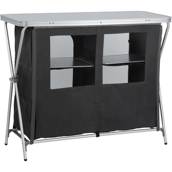 Складана кемпінгова шафа CampFeuer 110 см x 47 см x 90 см Кемпінгова кухня з 2 отворами на блискавці Кемпінгова полиця з алюмінієвою рамою, складна кемпінгова шафа, кемпінгова кухня, кемпінгові меблі