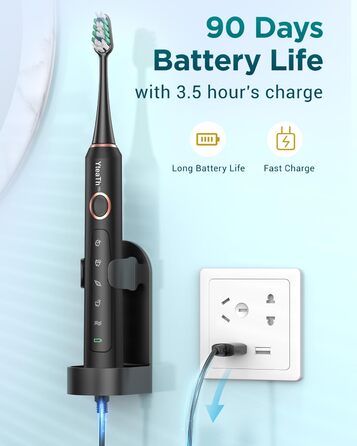 Електрична звукова зубна щітка для дорослих з 8 насадками, дорожнім кейсом, 5 режимами, водонепроникністю IPX7 та 90 днями роботи від акумулятора, чорного кольору, (в упаковці)