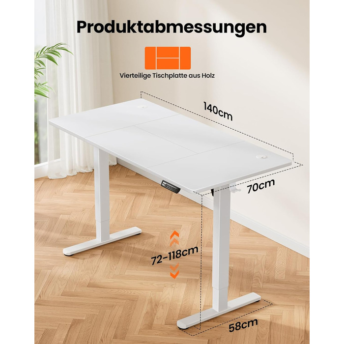 Електрично регульований по висоті стіл 140x70 см, Стіл з регульованою висотою та 4 функціями пам&39яті, Ігровий стіл із чотирисекційною стільницею, Білий 140 x 70 см
