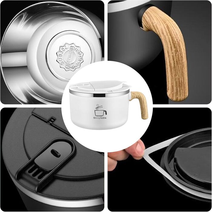 Велика чаша швидкого приготування з нержавіючої сталі 304 об&39ємом 1200 мл, чаша для рамену з кришкою та ложкою, для локшини, пасти, фруктів, салату з пасти та рису (біла)