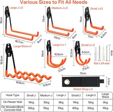 Настінні гачки для гаража та 2 кабельні стяжки, 24 комплекти гвинтів, надміцні гачки для гаража, гаражні гачки для зберігання для організації інструментів, стільця, труби, велосипедів, спортивного обладнання, 12 шт.