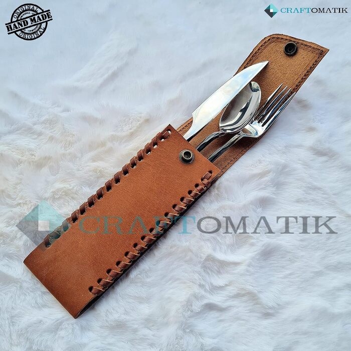 Набір столових приборів ручної роботи в середньовічному стилі 3-предметний (ніж, виделка, ложка) зі шкіряним чохлом Подарунковий набір для кухні, кемпінгу та барбекю HFTC04x