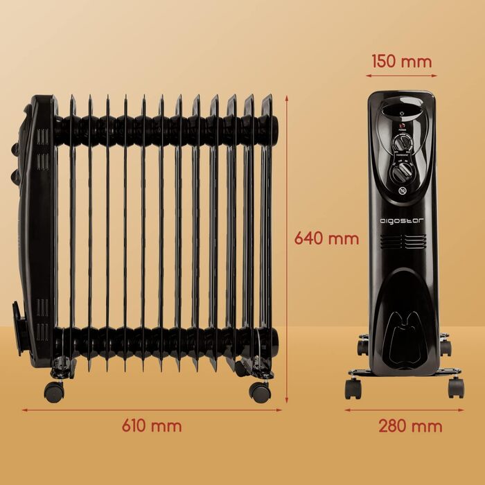Масляний радіатор Aigostar потужністю 2500 Вт з 13 ребрами, мобільний електричний обігрівач, енергозберігаючий, портативний масляний обігрівач, 3 режими нагріву, термостат, захист від перекидання та перегріву, чорний