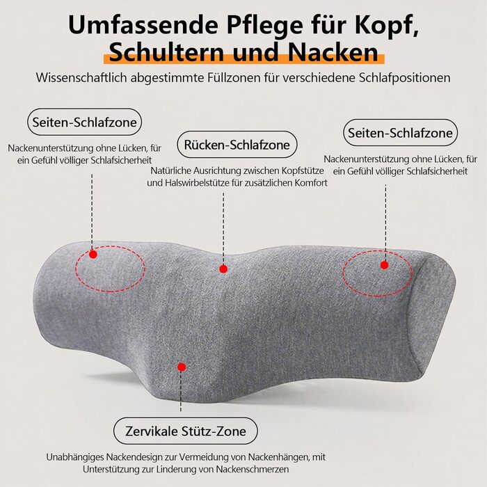 Ортопедична подушка для шиї, подушка з піни з ефектом пам&39яті, ергономічна подушка для підтримки шиї з масажними точками та посиленою бічною підтримкою, для сну на боці, спині та животі, сіра