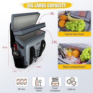 Рюкзак-холодильник 30 л, велика складна сумка-холодильник, сумка-холодильник на 40 банок, ізольована сумка-холодильник з відділенням для охолодження, рюкзак-холодильник, рюкзак для покупок на пляжі/пікніку/кемпінгу/барбекю/виїздів на природу, 30 л сірого 