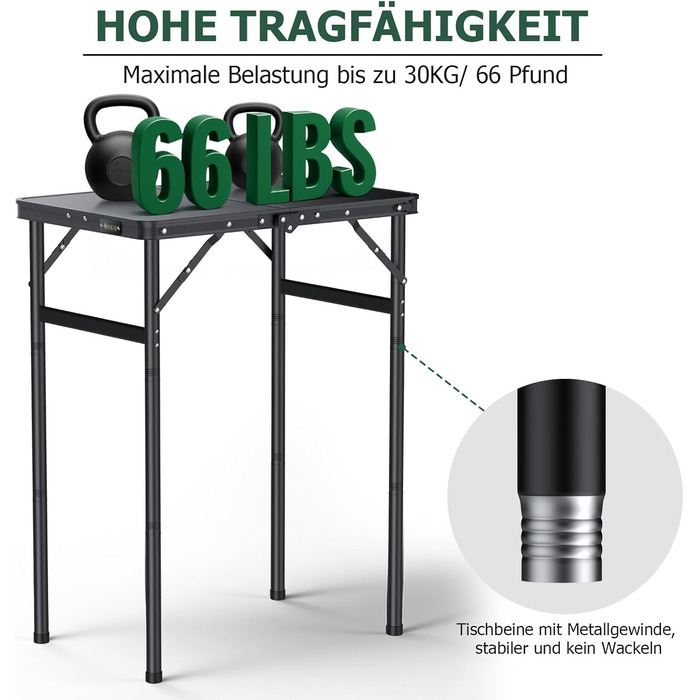 Стіл для кемпінгу JiGiU 60x40 см, складний, з 3 регулюваннями висоти 27 см/51 см/74 см, алюмінієвий каркас, компактний гриль-стіл для саду, кухні, пікніка, використання в приміщенні та на вулиці, стіл-валіза (чорний)