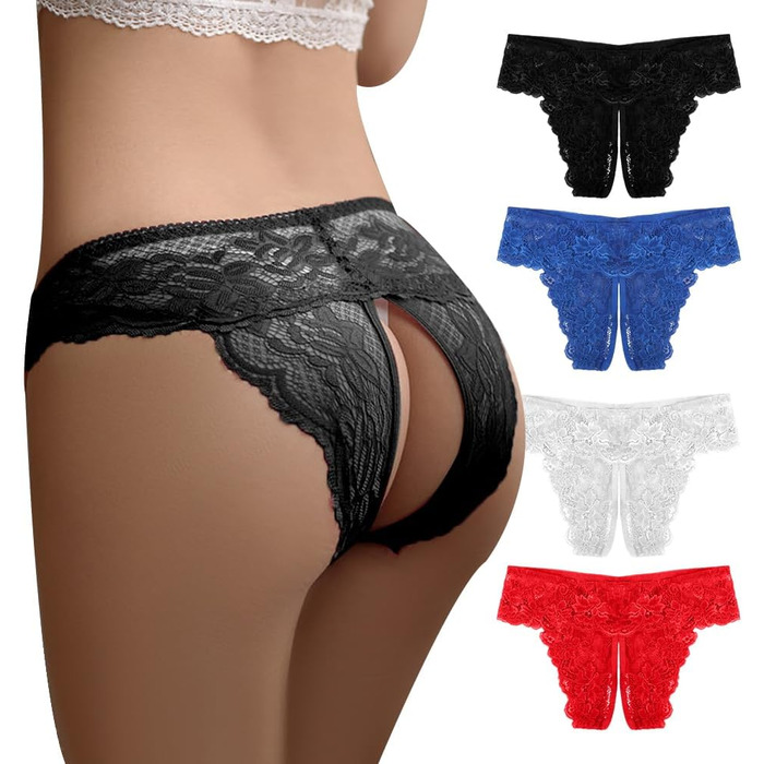 Еротичні жіночі трусики з 4 предметів з відкритою промежиною - мереживні стрінги, трусики з відкритою промежиною, білизна для жінок, сексуальна білизна для сексу (4 кольори)