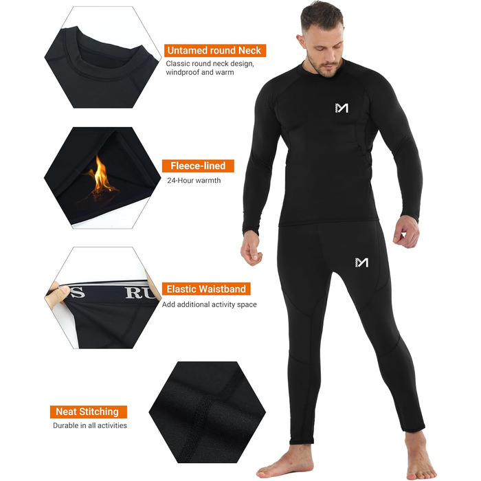 Термобілизна MEETYOO, 2 шт., чоловіча, лижна та функціональна, дихаюча, відводить піт, ідеально підходить для зими та спортивної білизни, 2 шт. - чорна, розмір L