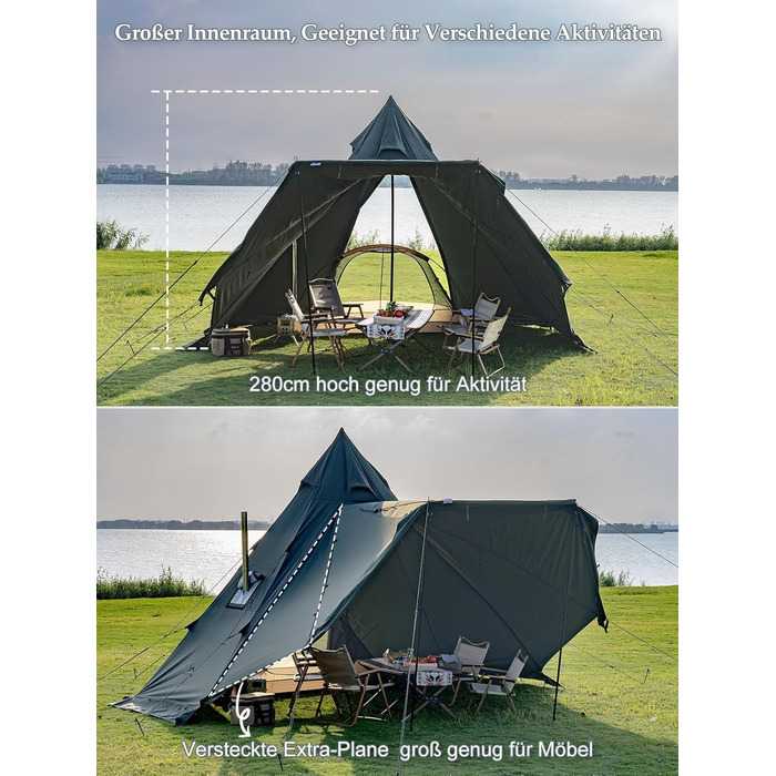 Намет TOMOUNT, бавовняний індіанський намет, високий коник 2,8 м, для 6-8 осіб, пірамідальний намет з отвором для плити, 4-сезонний кемпінговий намет для активного відпочинку, кемпінгу, пішого туризму, трекінгу, зелений