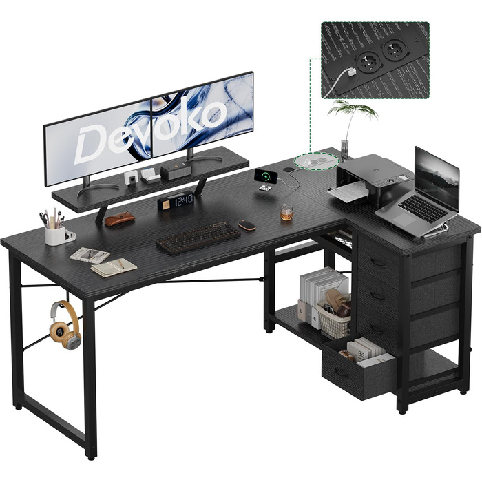 Г-подібний письмовий стіл Devoko з 4 тканинними шухлядами, двосторонній кутовий стіл з 2 розетками та 2 USB-портами, Г-подібний комп&39ютерний стіл для домашнього офісу, чорний, 140x80 см