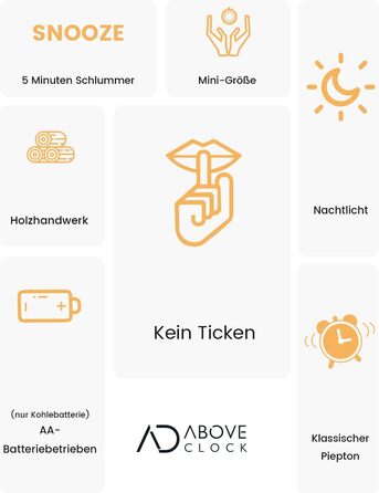 ВищеГодинник будильник аналоговий без цокання, будильник дерев'яний з дрімотою, тумбочка настільний годинник з нічником, ретро-будильник аналоговий на батарейках (потрібна батарея 1*AA) - натуральне дерево світло-коричневого кольору (квадрат, світло-корич