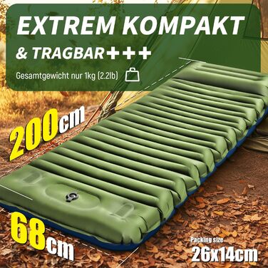 Килимок для сну для кемпінгу, потовщений надувний матрац 12 см для кемпінгу, надувний матрац з ножним насосом та подушкою, надлегкий килимок для сну на відкритому повітрі для походів, пляжу, подорожей, зелений намет